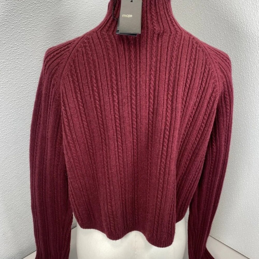 Maje Womens Sweater Burgundy Cropped Cable-Knit Mock Neck Top